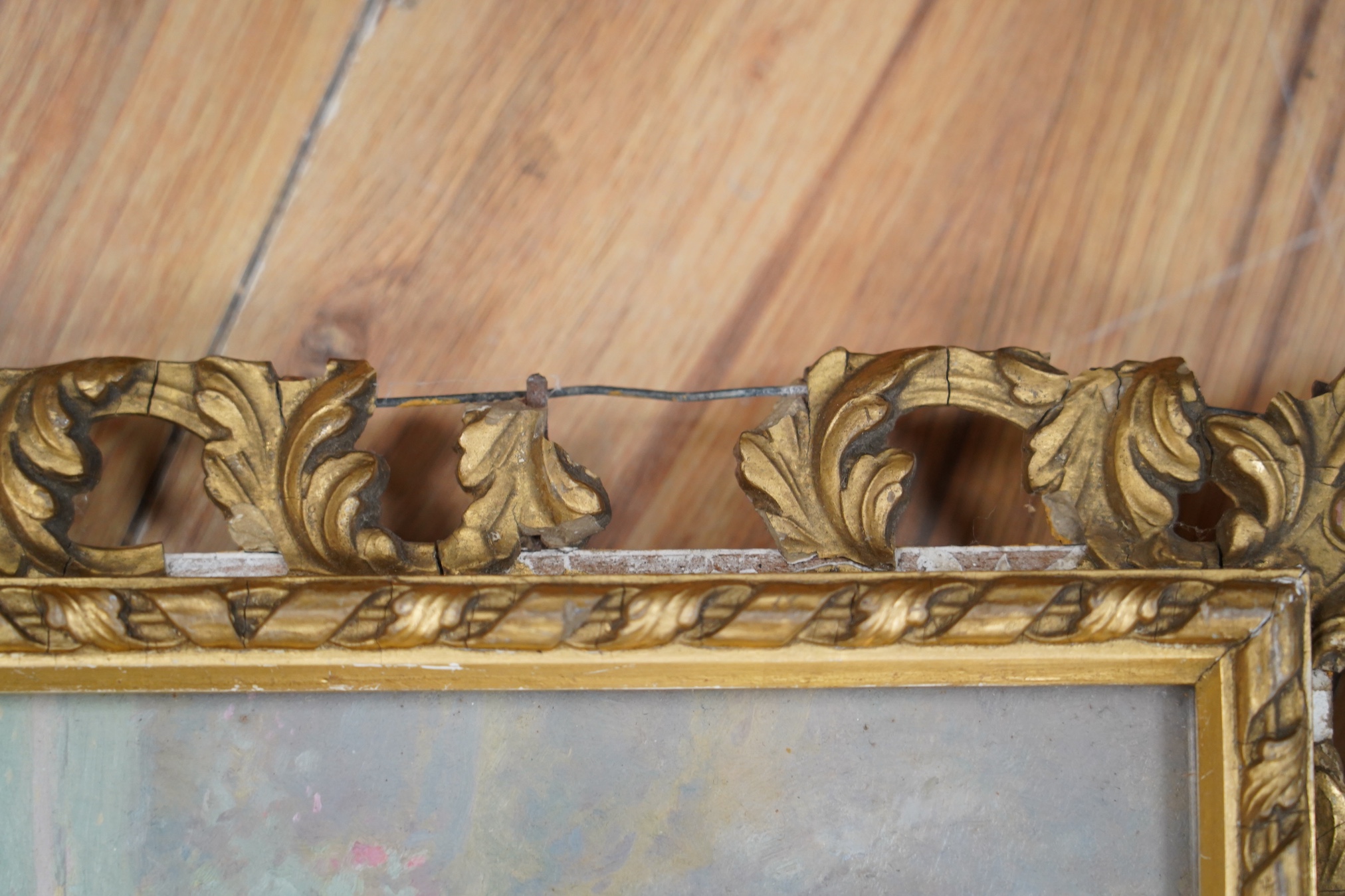 Monog, oil, 'What Will she Say', monogrammed, 24.5 x 19cm, ornate gilt framed. Condition - fair, losses to the frame